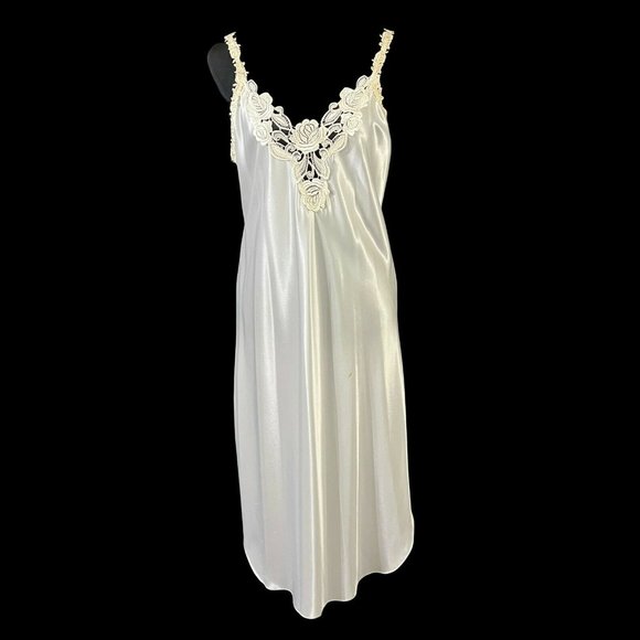 Dentelle White Satin Long Nightgown Set Size M Vintage 1980s USA lace Applique - Picture 2 of 7